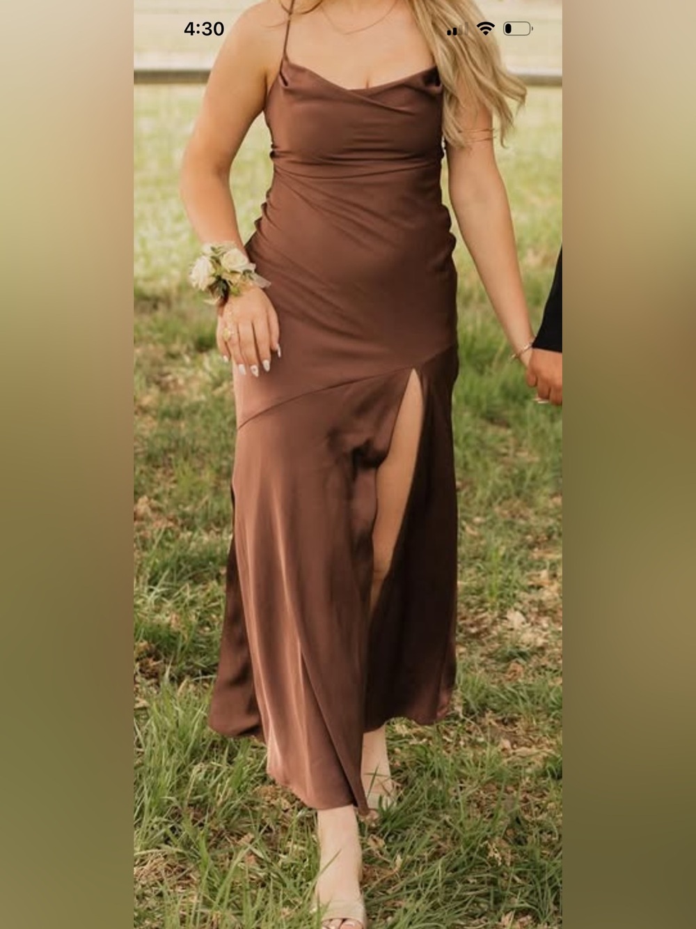 Satin Brown Dress with High Side Slit